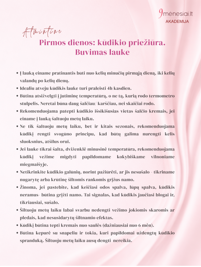 pirmos dienos kūdikio priežiūra. buvimas lauke